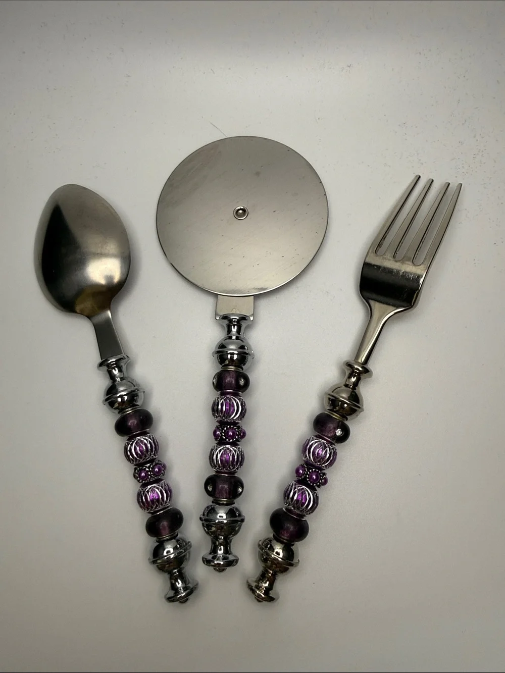 Decorative Purple Beaded Flatware Set - Spoon, Fork, Pizza Wheel